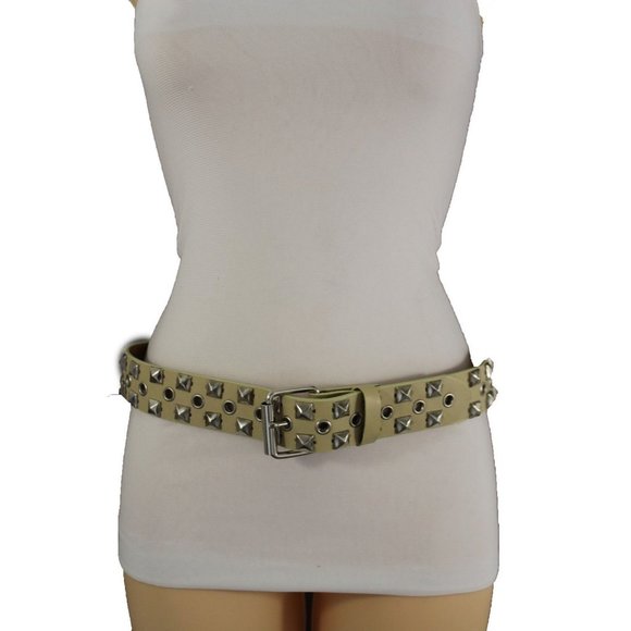 New Women Men Fashion Belt Beige Faux Leather Silver Metal Studs Size S M L XL - Picture 10 of 17